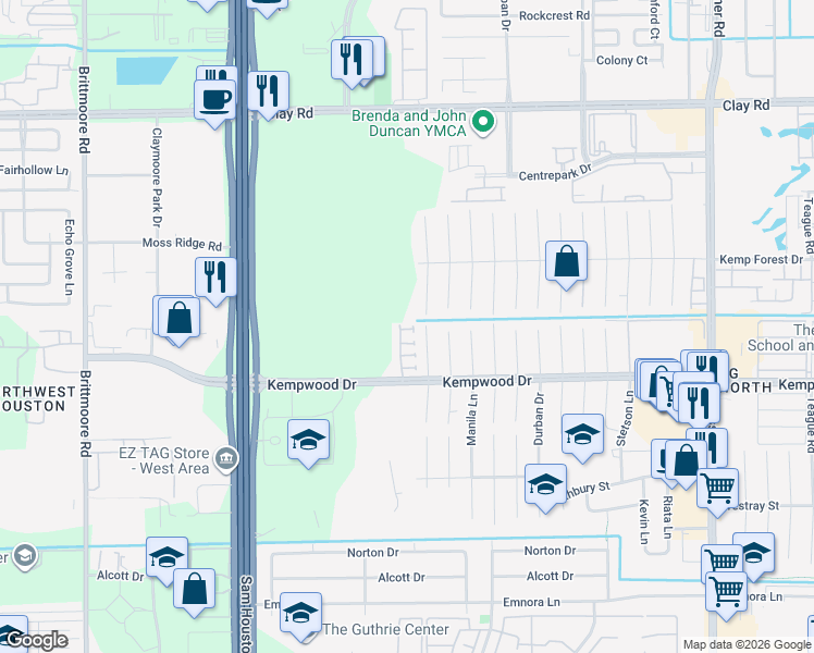 map of restaurants, bars, coffee shops, grocery stores, and more near 2840 Shadow Woods Court in Houston