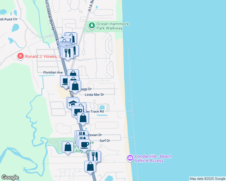 map of restaurants, bars, coffee shops, grocery stores, and more near 7 Oceanside Drive in St. Augustine