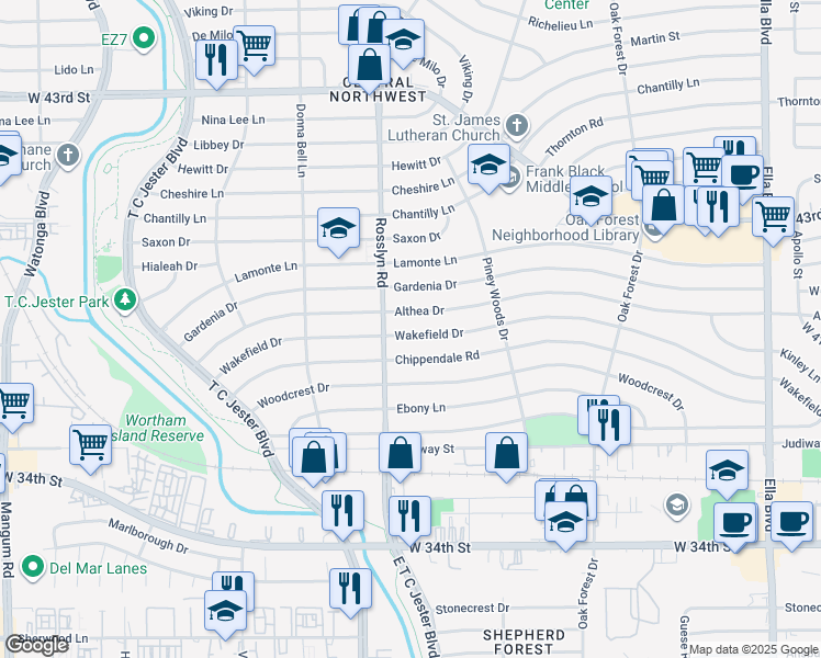 map of restaurants, bars, coffee shops, grocery stores, and more near 1730 Wakefield Drive in Houston