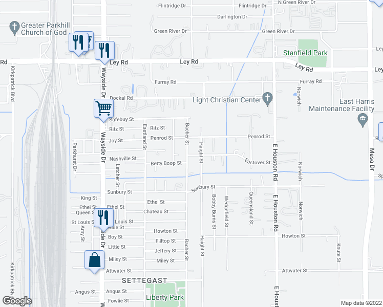 map of restaurants, bars, coffee shops, grocery stores, and more near 6802 Bacher Street in Houston