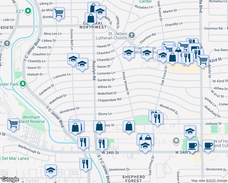 map of restaurants, bars, coffee shops, grocery stores, and more near 1638 Wakefield Drive in Houston