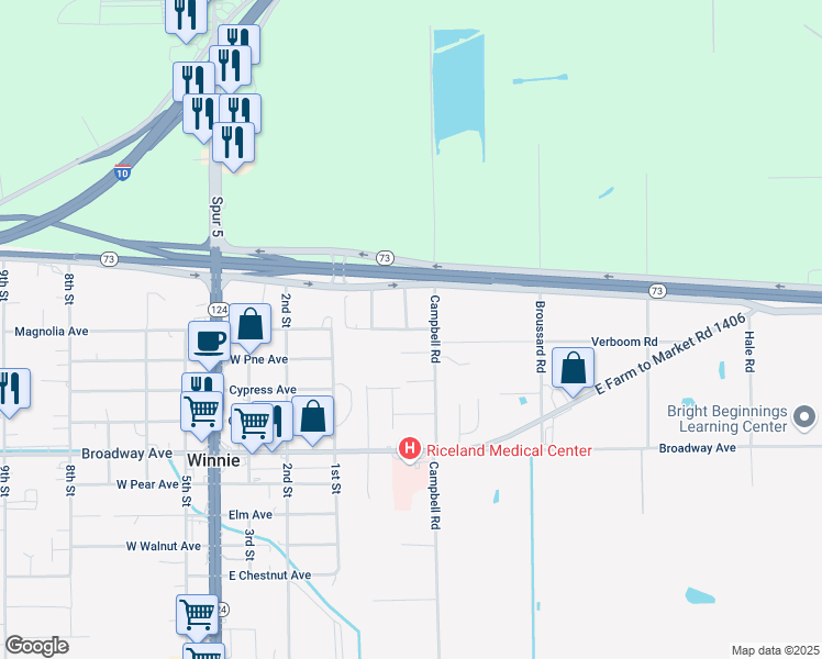 map of restaurants, bars, coffee shops, grocery stores, and more near 524 Stidham Street in Winnie