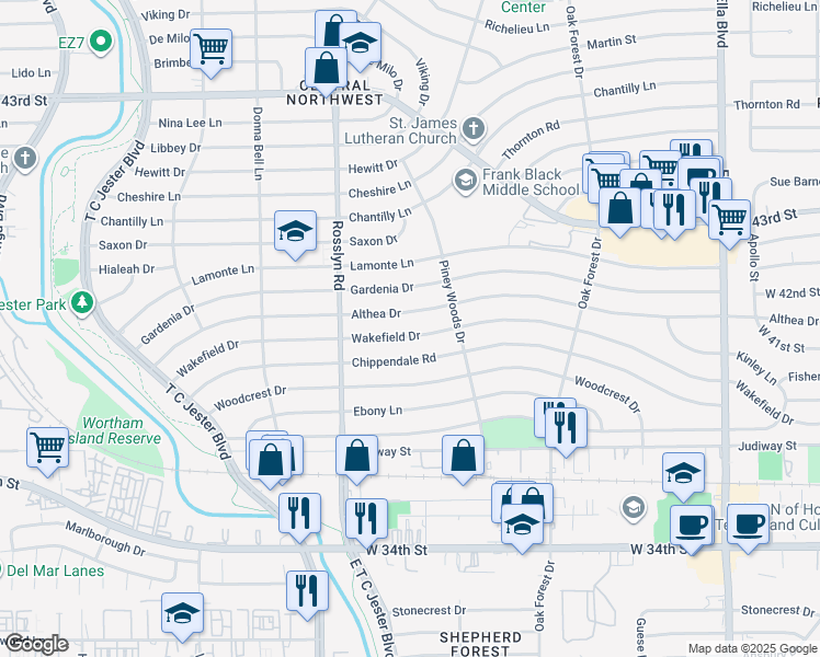 map of restaurants, bars, coffee shops, grocery stores, and more near 1638 Wakefield Drive in Houston