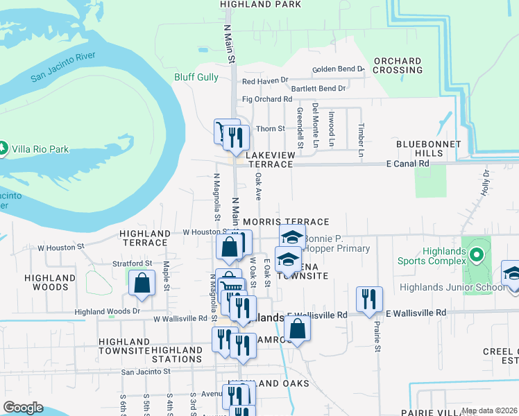 map of restaurants, bars, coffee shops, grocery stores, and more near 702 Oak Avenue in Highlands