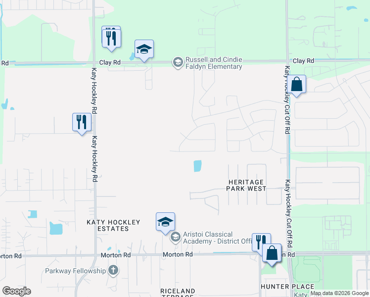 map of restaurants, bars, coffee shops, grocery stores, and more near 3425 Rachel Lane in Katy