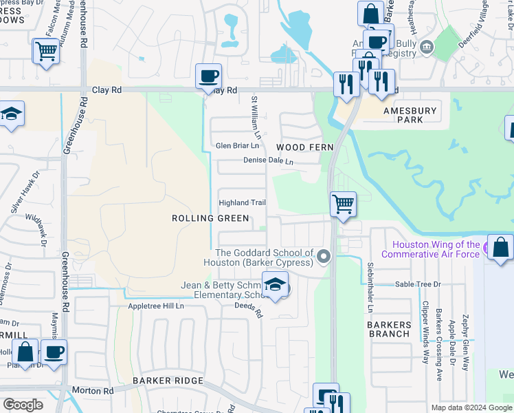map of restaurants, bars, coffee shops, grocery stores, and more near 18711 Highland Trail in Houston