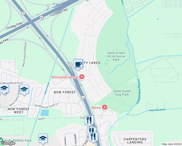 map of restaurants, bars, coffee shops, grocery stores, and more near 15519 Red Pine Ridge Way in Houston