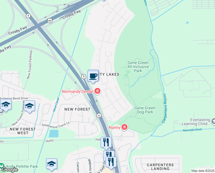 map of restaurants, bars, coffee shops, grocery stores, and more near 15519 Red Pine Ridge Way in Houston