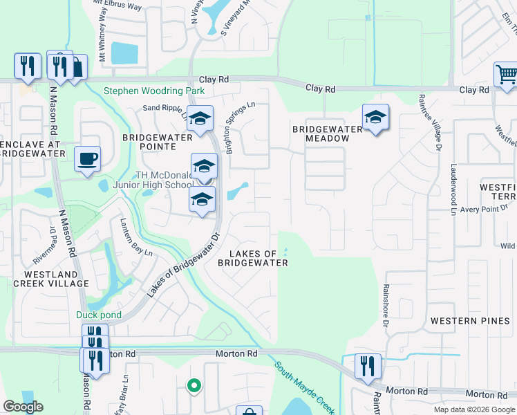 map of restaurants, bars, coffee shops, grocery stores, and more near 21203 Rushing Creek Lane in Katy