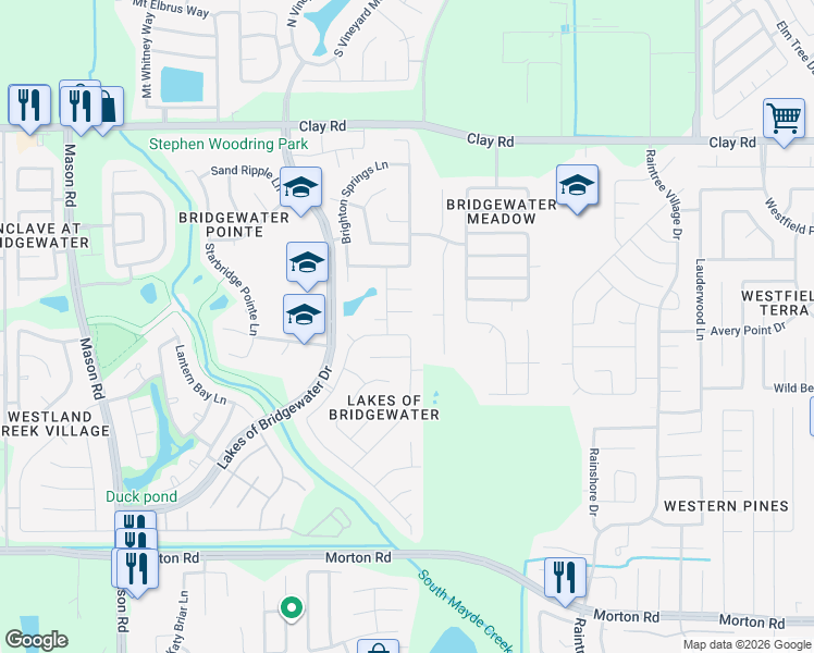 map of restaurants, bars, coffee shops, grocery stores, and more near 3666 Lakeaires Lane in Katy