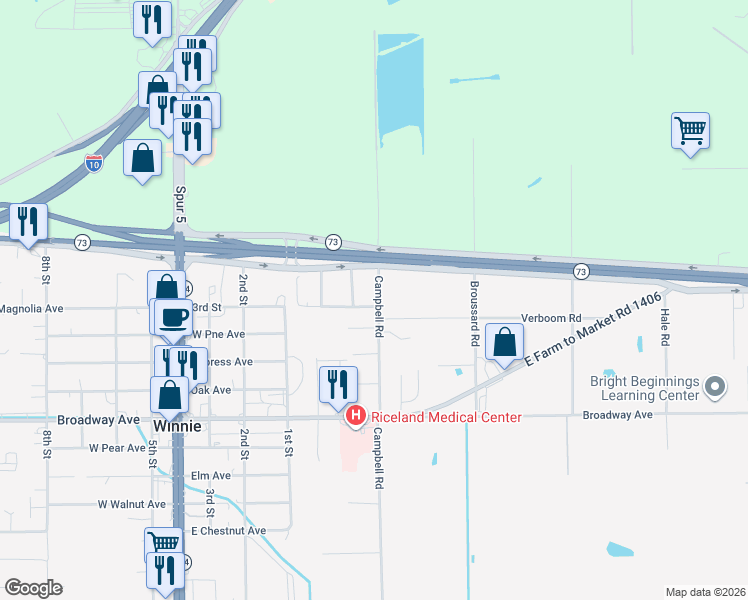 map of restaurants, bars, coffee shops, grocery stores, and more near 204 Campbell Road in Winnie