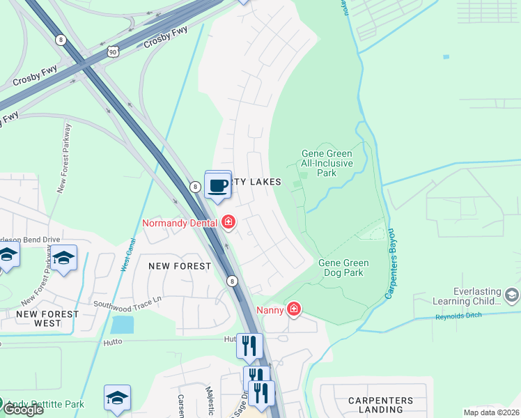 map of restaurants, bars, coffee shops, grocery stores, and more near 6727 Green Pear Lane in Houston