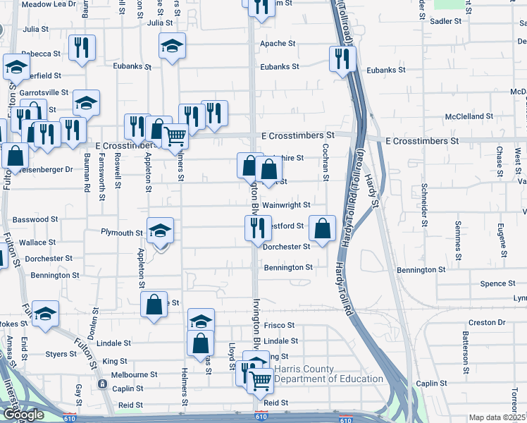 map of restaurants, bars, coffee shops, grocery stores, and more near 7104 Irvington Boulevard in Houston