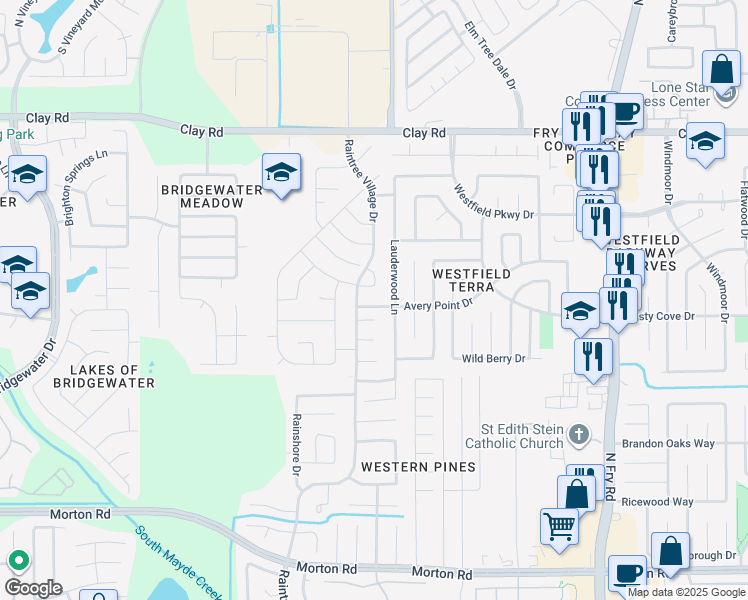 map of restaurants, bars, coffee shops, grocery stores, and more near 20614 Avery Point Drive in Katy