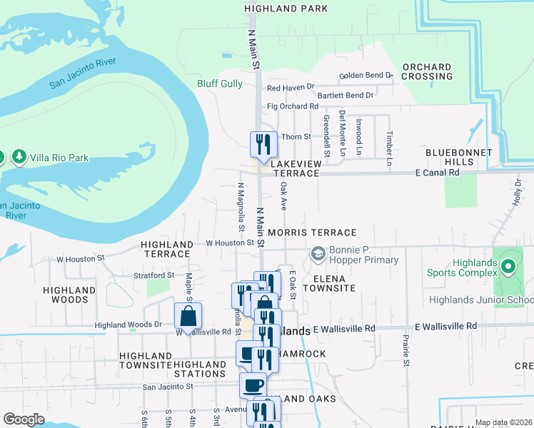 map of restaurants, bars, coffee shops, grocery stores, and more near 702 Oak Avenue in Highlands