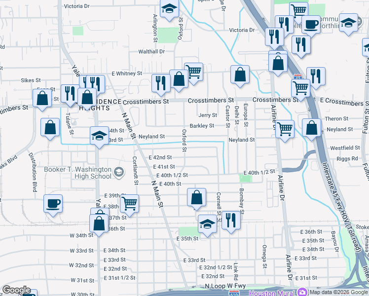map of restaurants, bars, coffee shops, grocery stores, and more near 4100 Oxford Street in Houston