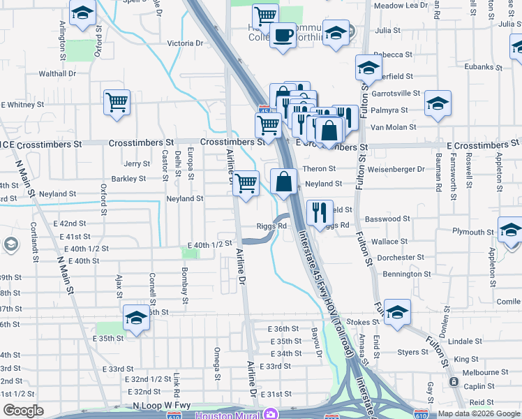 map of restaurants, bars, coffee shops, grocery stores, and more near 4104 Red Haw Lane in Houston