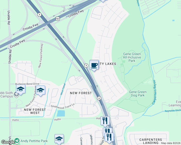 map of restaurants, bars, coffee shops, grocery stores, and more near 6106 East Sam Houston Parkway North in Houston