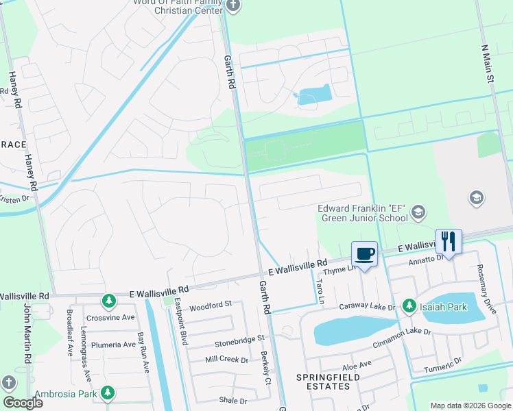 map of restaurants, bars, coffee shops, grocery stores, and more near Garth Road in Baytown