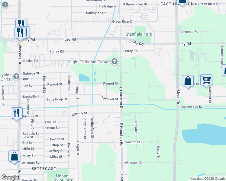map of restaurants, bars, coffee shops, grocery stores, and more near 8425 Eastover Street in Houston