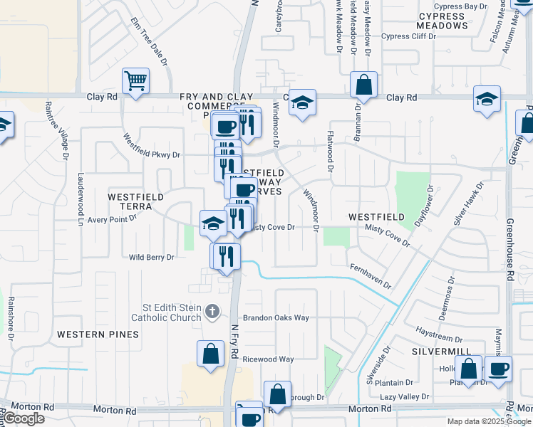 map of restaurants, bars, coffee shops, grocery stores, and more near 3603 Lindenfield Drive in Katy