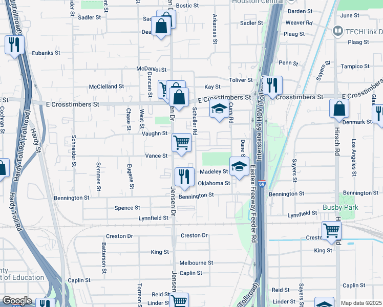 map of restaurants, bars, coffee shops, grocery stores, and more near 7110 Jensen Drive in Houston