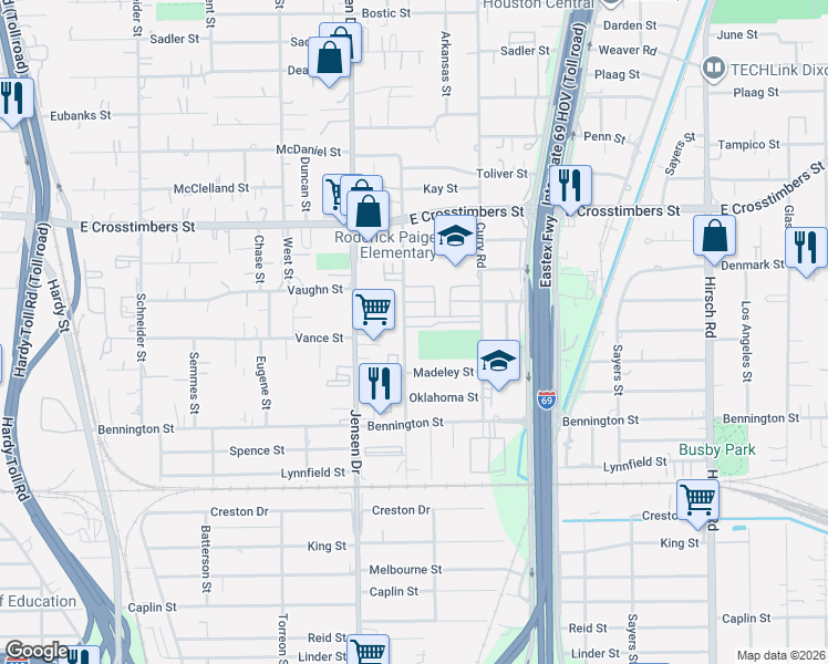 map of restaurants, bars, coffee shops, grocery stores, and more near 7116 Schuller Road in Houston