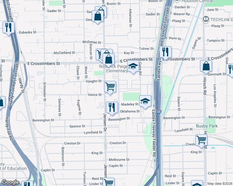 map of restaurants, bars, coffee shops, grocery stores, and more near 7110 Jensen Drive in Houston