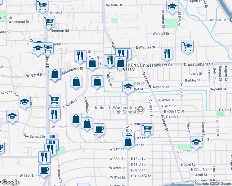 map of restaurants, bars, coffee shops, grocery stores, and more near 227 Blueberry Street in Houston