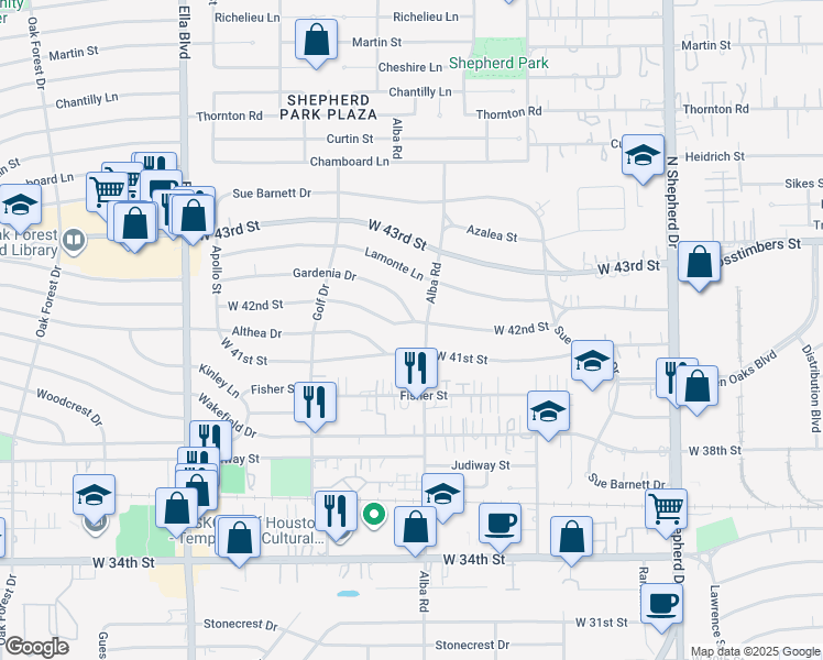 map of restaurants, bars, coffee shops, grocery stores, and more near 914 West 41st Street in Houston