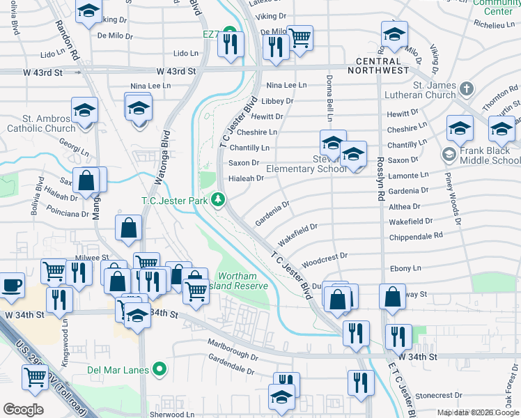 map of restaurants, bars, coffee shops, grocery stores, and more near 2318 Gardenia Drive in Houston