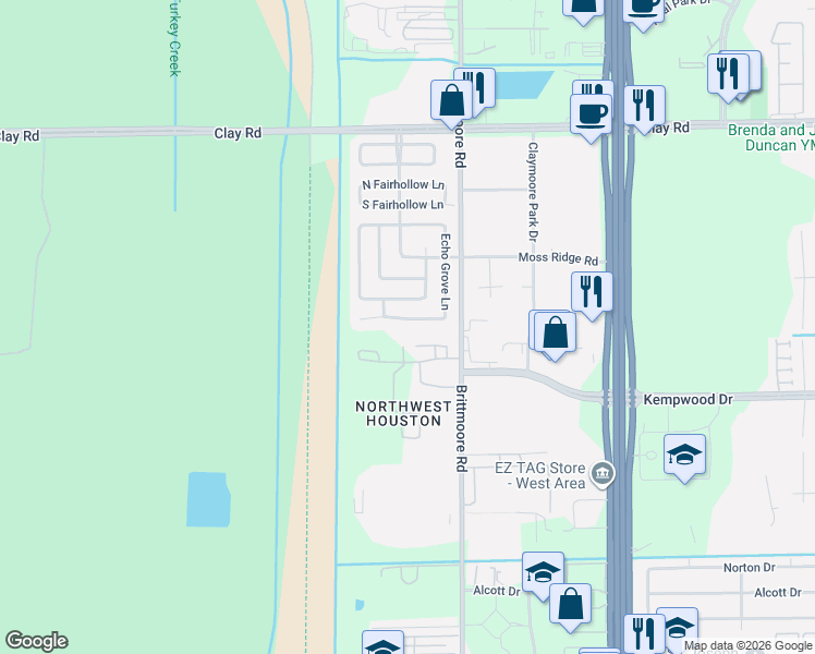 map of restaurants, bars, coffee shops, grocery stores, and more near 11911 Moss Branch Road in Houston