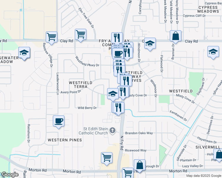 map of restaurants, bars, coffee shops, grocery stores, and more near 20022 Misty Cove Drive in Katy