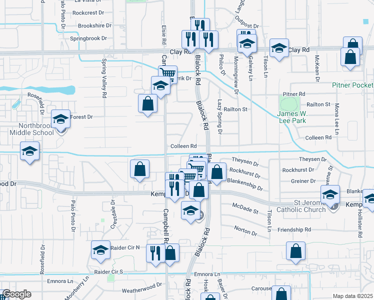 map of restaurants, bars, coffee shops, grocery stores, and more near 9351 Colleen Road in Houston