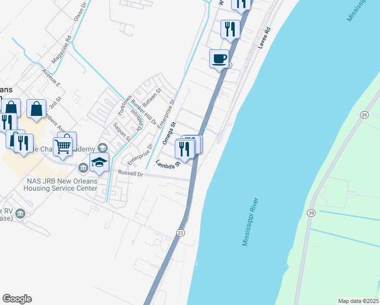 map of restaurants, bars, coffee shops, grocery stores, and more near 118 Iota Street in Belle Chasse