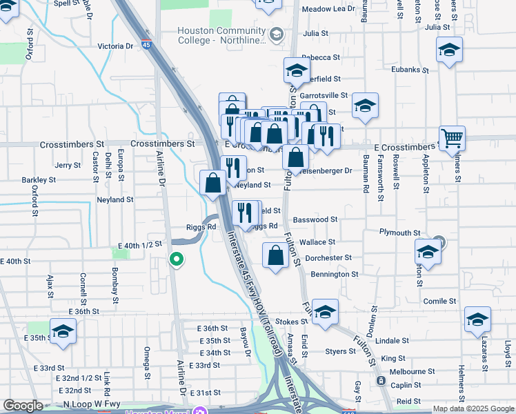 map of restaurants, bars, coffee shops, grocery stores, and more near 7105 Fulton Street in Houston