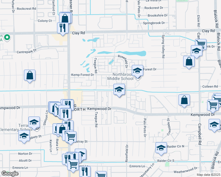 map of restaurants, bars, coffee shops, grocery stores, and more near 2934 Teague Road in Houston