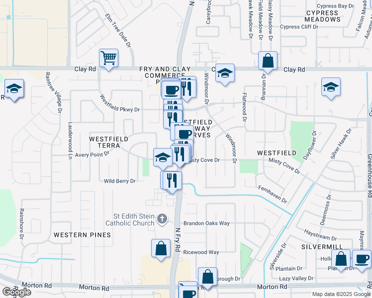 map of restaurants, bars, coffee shops, grocery stores, and more near North Fry Road in Katy