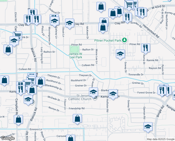 map of restaurants, bars, coffee shops, grocery stores, and more near 8934 Theysen Drive in Houston