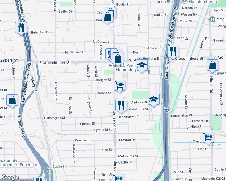 map of restaurants, bars, coffee shops, grocery stores, and more near 7227 Jensen Drive in Houston
