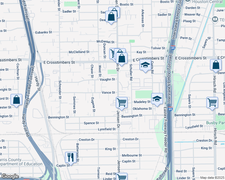 map of restaurants, bars, coffee shops, grocery stores, and more near 7227 Jensen Drive in Houston