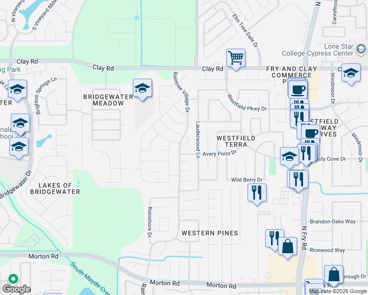 map of restaurants, bars, coffee shops, grocery stores, and more near 20606 Maple Rain Court in Katy