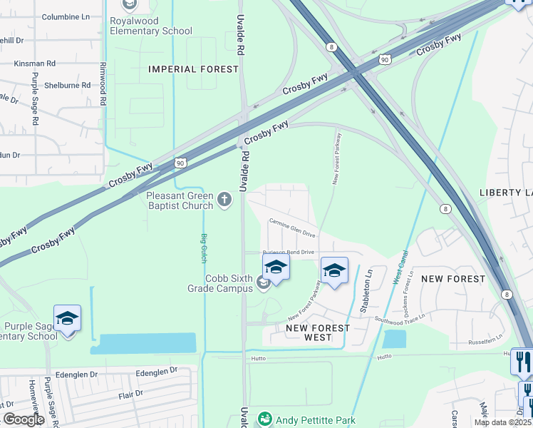 map of restaurants, bars, coffee shops, grocery stores, and more near 14503 Carmine Glen Drive in Houston
