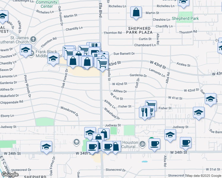 map of restaurants, bars, coffee shops, grocery stores, and more near 4203 Apollo Street in Houston