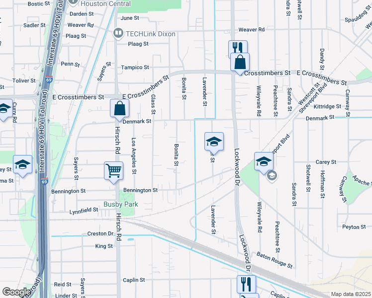 map of restaurants, bars, coffee shops, grocery stores, and more near 7302 Bonita Street in Houston