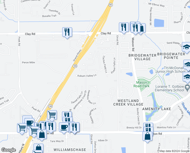 map of restaurants, bars, coffee shops, grocery stores, and more near 22423 Auburn Valley Lane in Katy