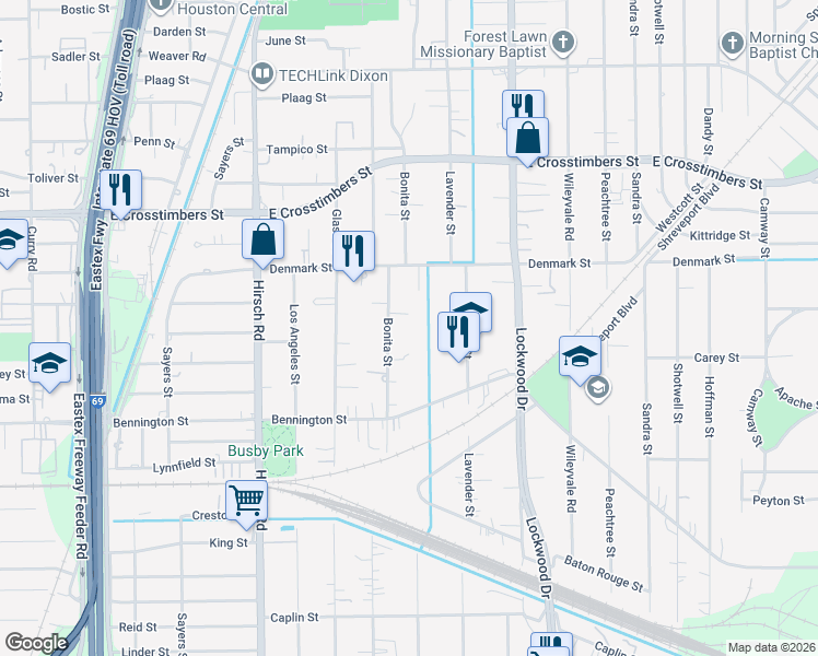 map of restaurants, bars, coffee shops, grocery stores, and more near 7302 Bonita Street in Houston