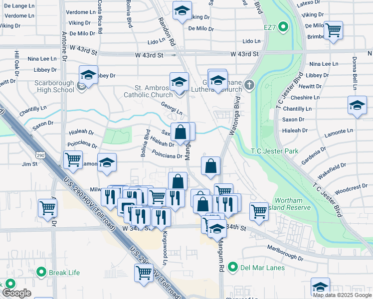 map of restaurants, bars, coffee shops, grocery stores, and more near 3830 Mangum Road in Houston