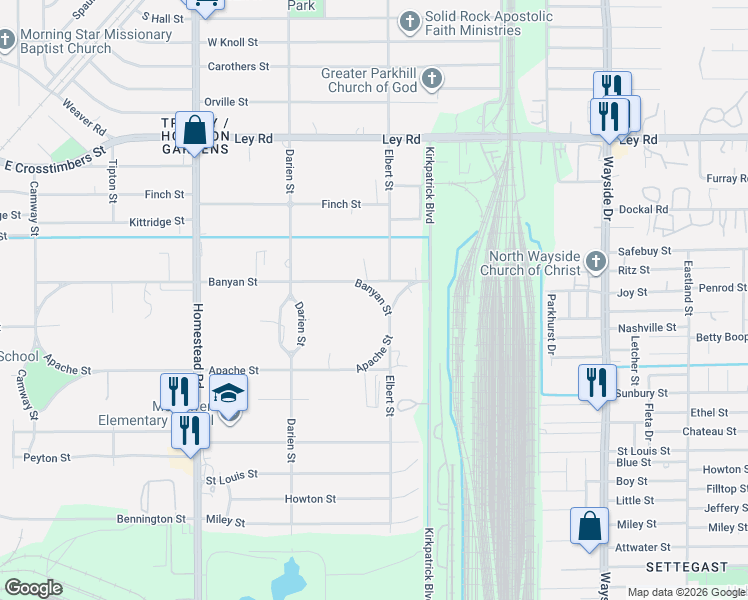 map of restaurants, bars, coffee shops, grocery stores, and more near 7117 Elbert Street in Houston