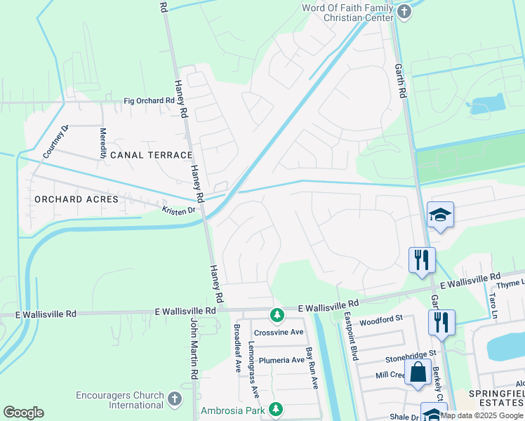 map of restaurants, bars, coffee shops, grocery stores, and more near 4403 Painted Bunting Lane in Baytown